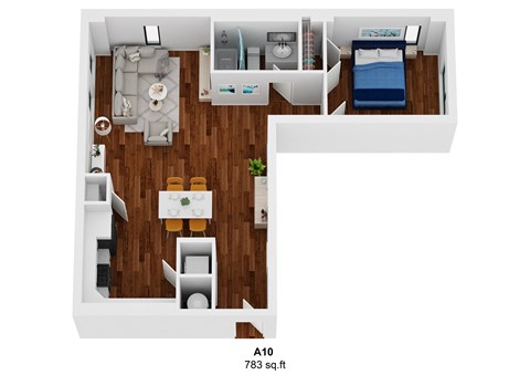 Floor plan for 1 bed, 1 bath, 783 sqft